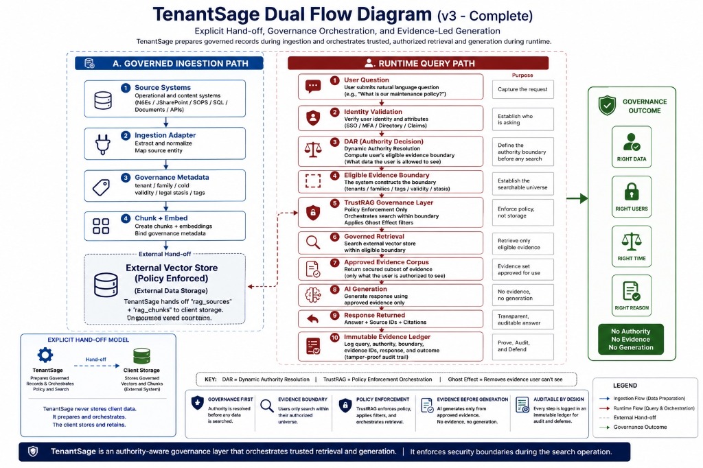 TenantSage Dual Flow Diagram — governed ingestion and runtime query paths